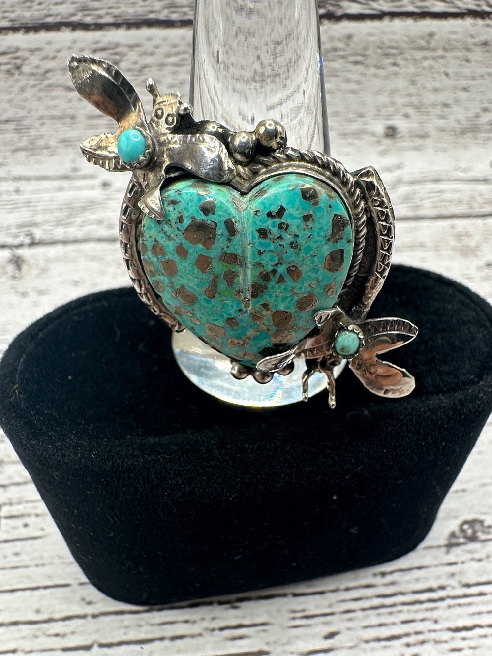 Turquoise Heart Butterfly Accent Sterling Silver Ring